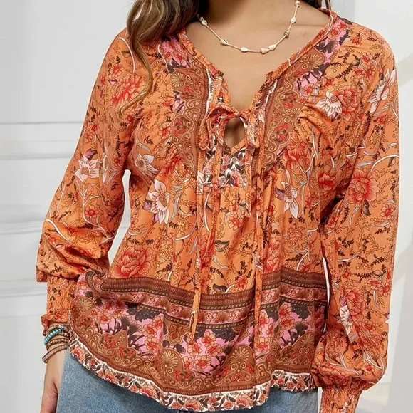 Boho Floral Print Lantern Sleeve Tie Front Blouse - Picture 9 of 11